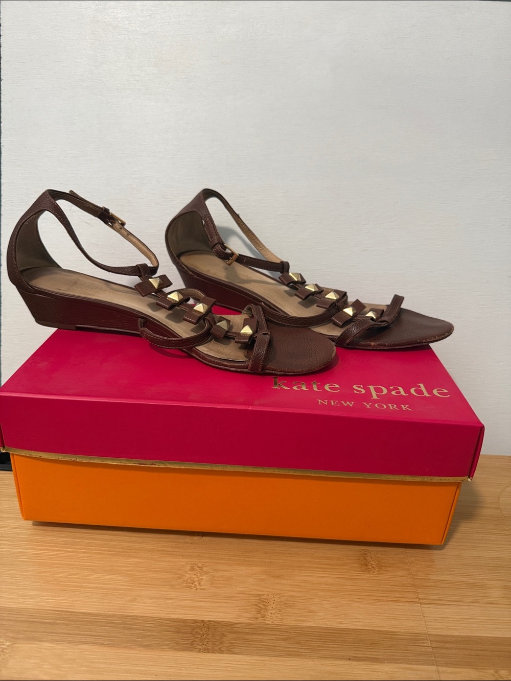 kate spade Brown T-Strap Wedge Sandals with Gold Studs